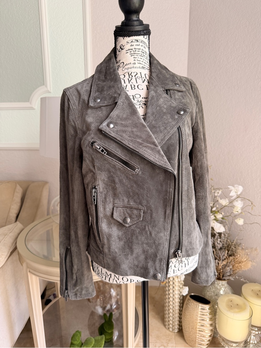 BLANKNYC Grey Suede Leather Vital Signs Moto Biker Jacket Small EUC